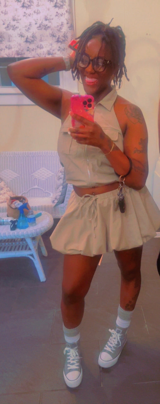 Stretchy woven collared top & bubble skort set