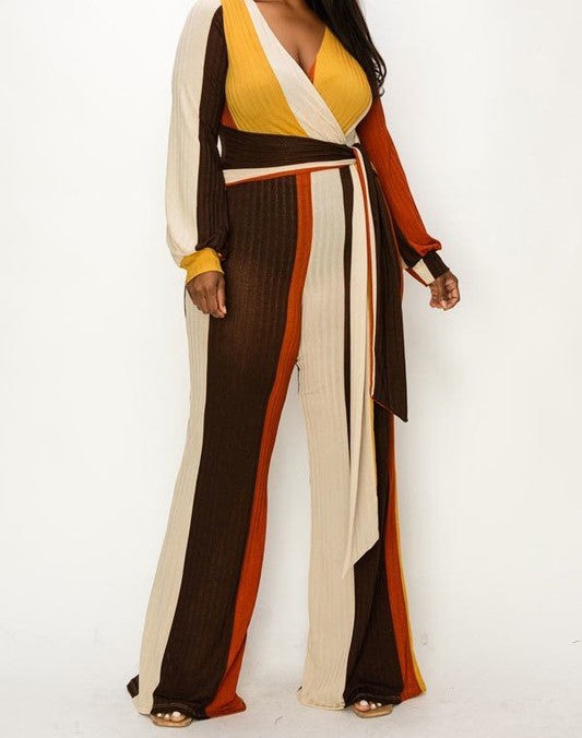 KNITTED COLORBLOCK TIE WAIST JUMPSUIT