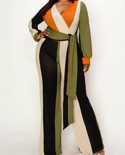 KNITTED COLORBLOCK TIE WAIST JUMPSUIT
