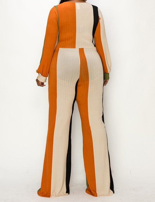 KNITTED COLORBLOCK TIE WAIST JUMPSUIT