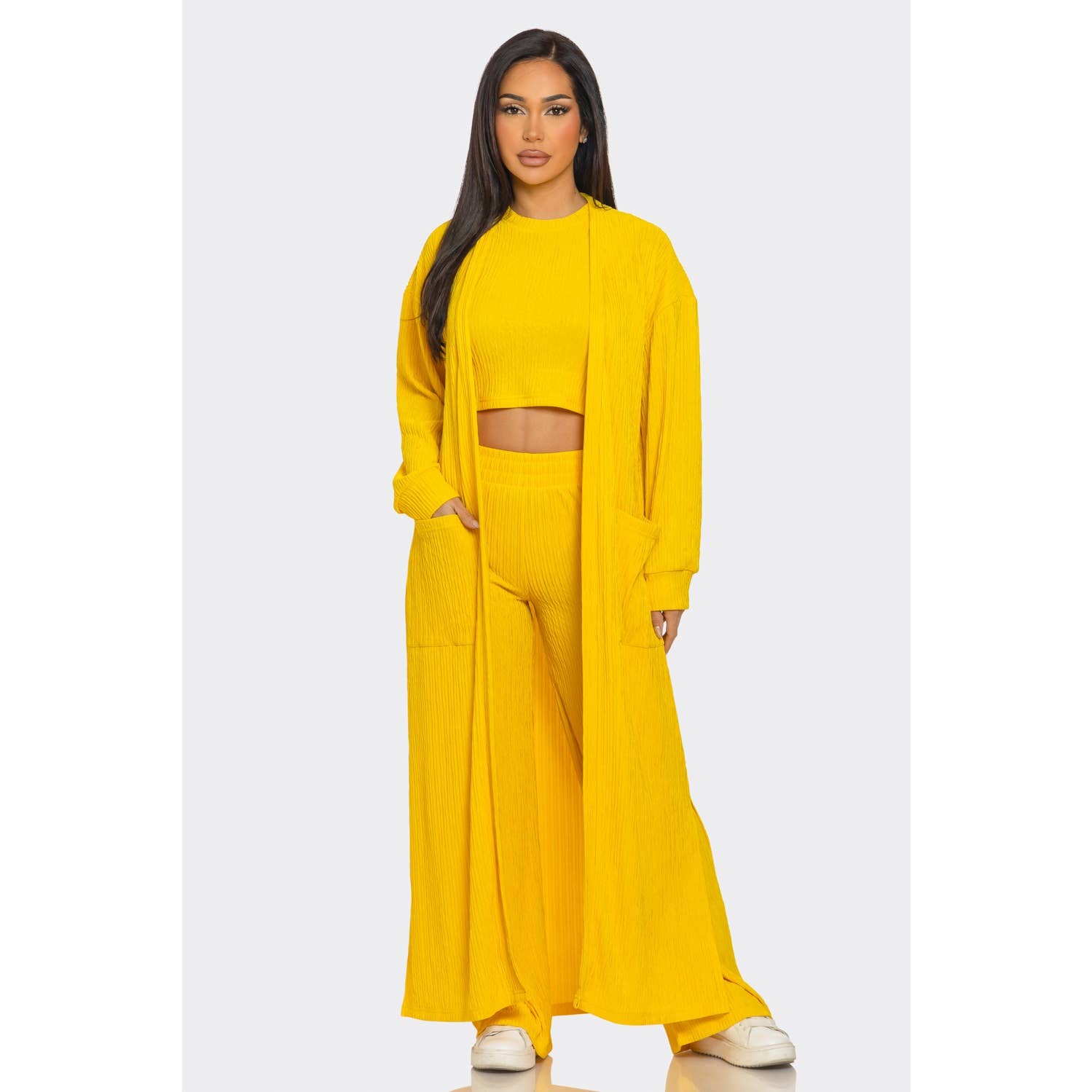3 PIECE SET CARDIGAN CROP TOP  Pants Set