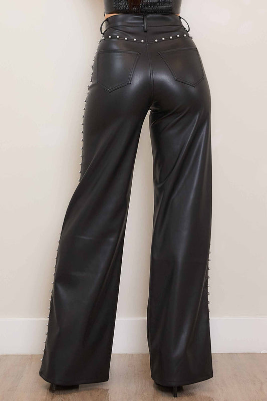 Vegan Leather Wide Leg Pants With Pearls
