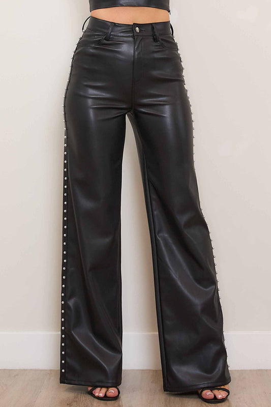 Vegan Leather Wide Leg Pants With Pearls