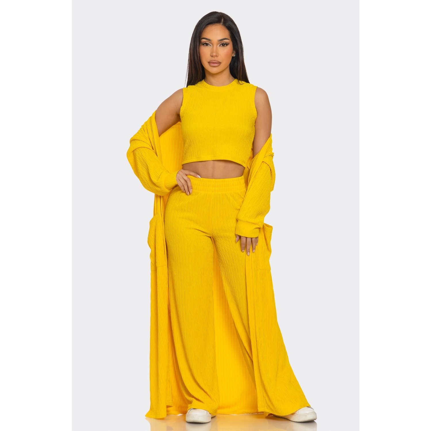 3 PIECE SET CARDIGAN CROP TOP  Pants Set