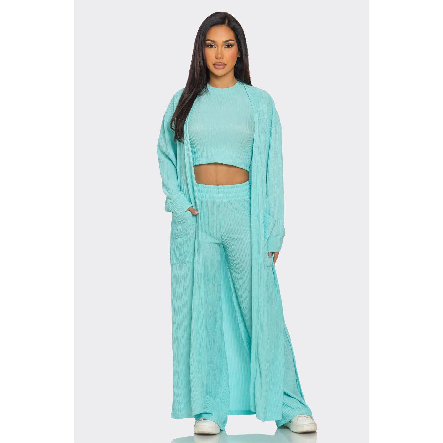 3 PIECE SET CARDIGAN CROP TOP  Pants Set